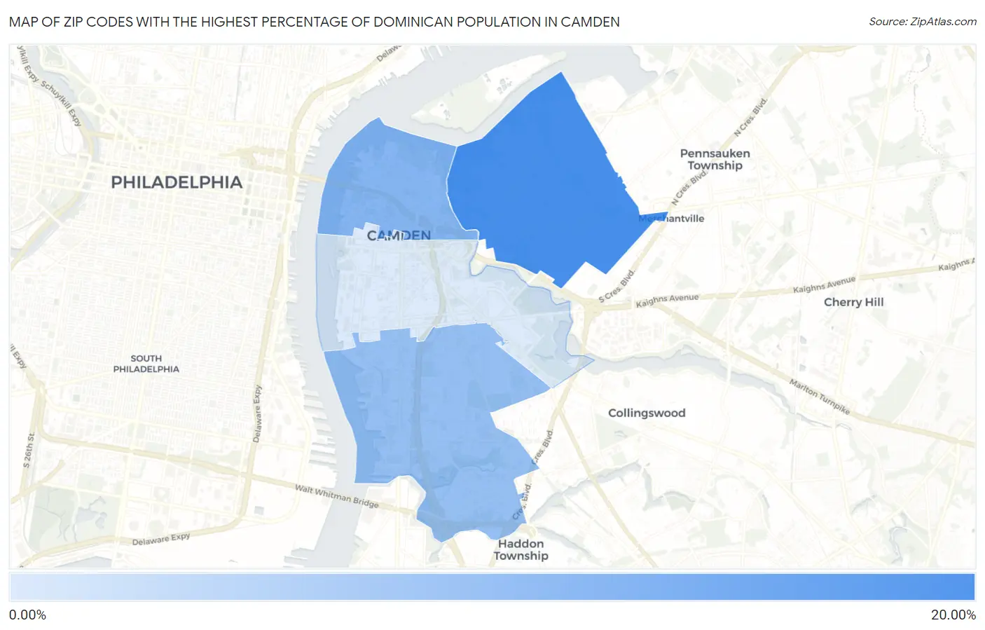 Zip Codes with the Highest Percentage of Dominican Population in Camden Map
