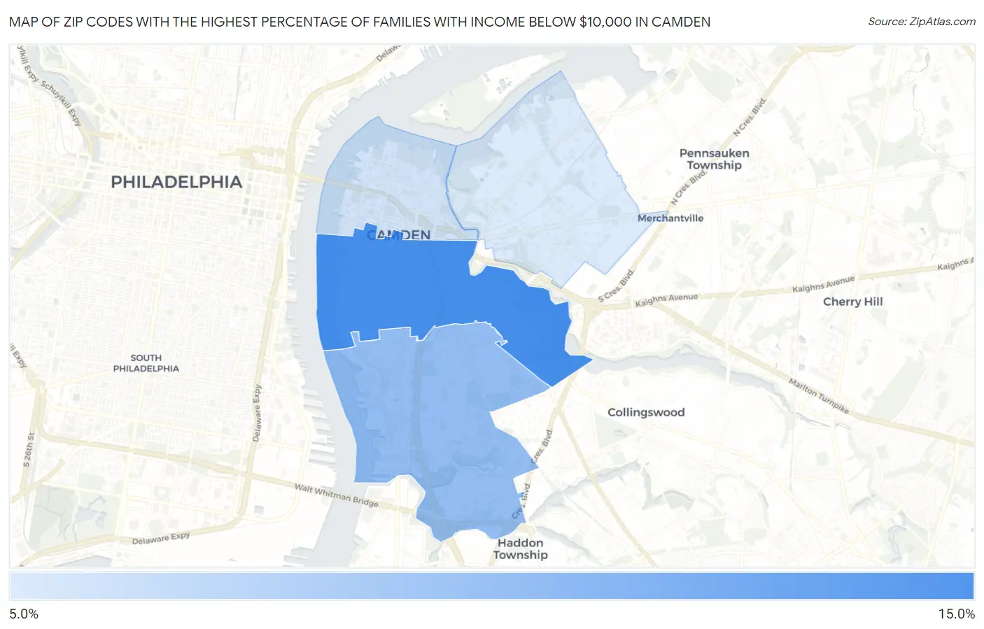 Zip Codes with the Highest Percentage of Families with Income Below $10,000 in Camden Map