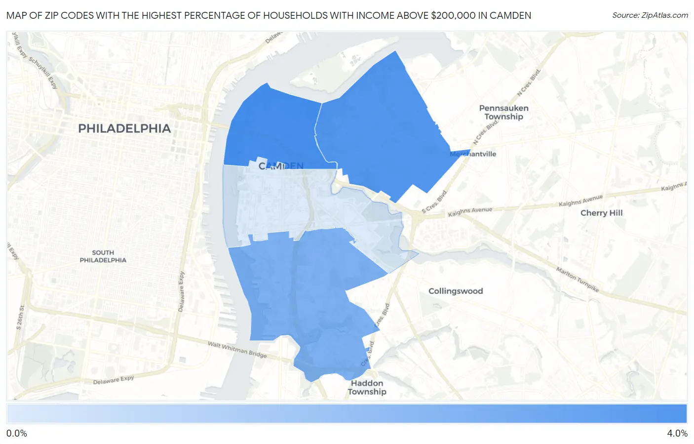 Zip Codes with the Highest Percentage of Households with Income Above $200,000 in Camden Map