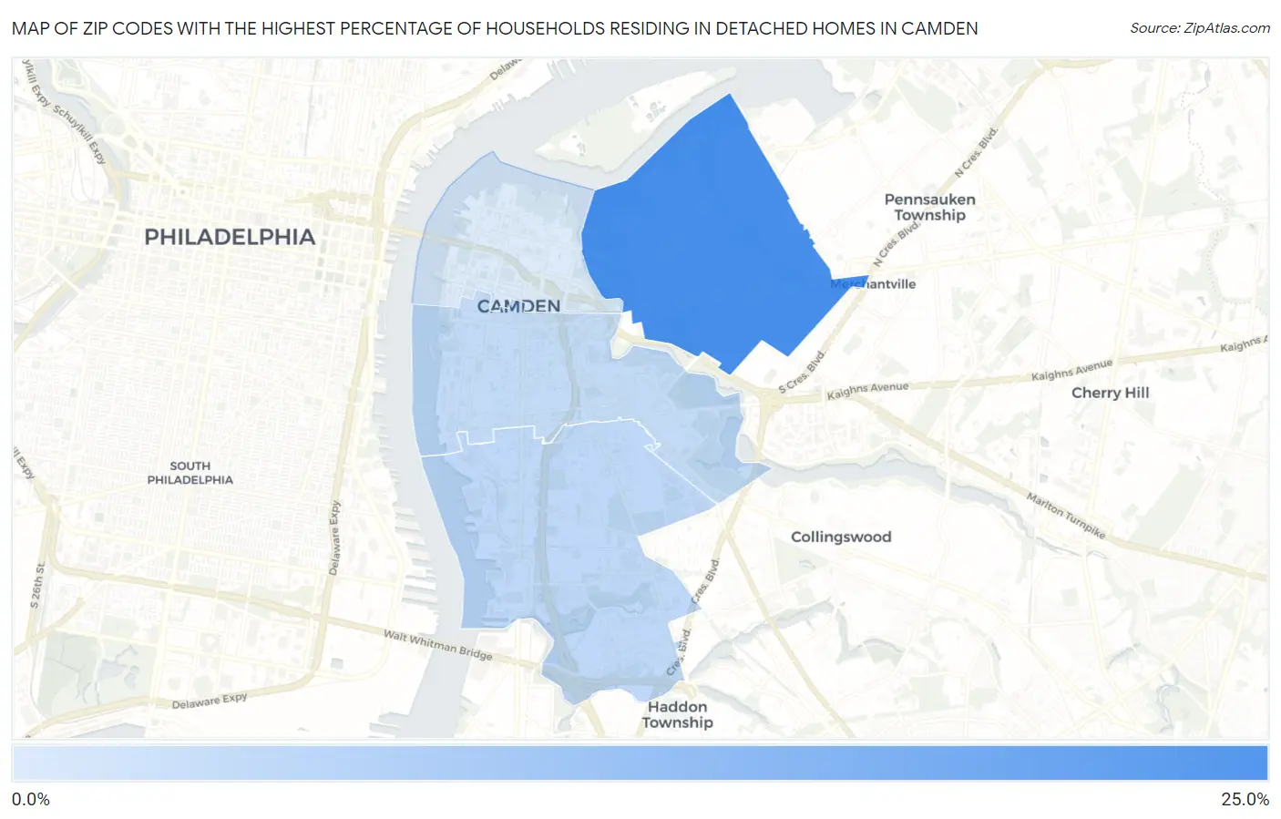Zip Codes with the Highest Percentage of Households Residing in Detached Homes in Camden Map
