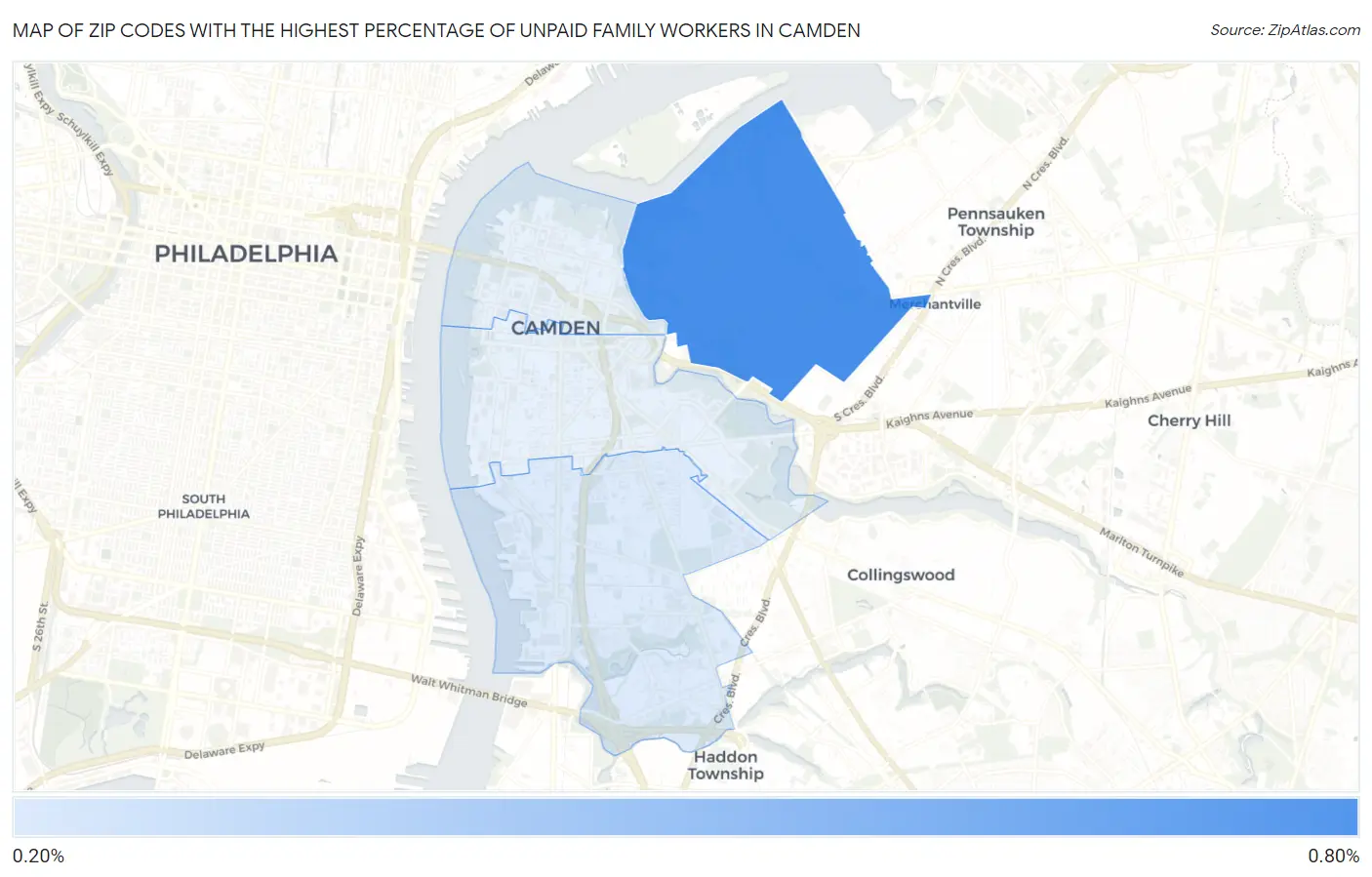 Zip Codes with the Highest Percentage of Unpaid Family Workers in Camden Map