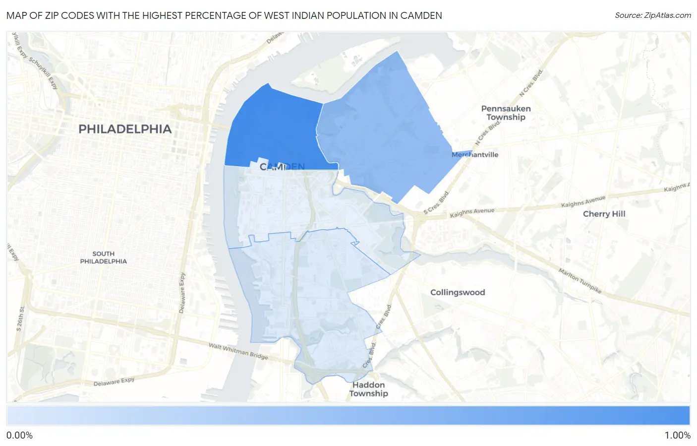 Zip Codes with the Highest Percentage of West Indian Population in Camden Map