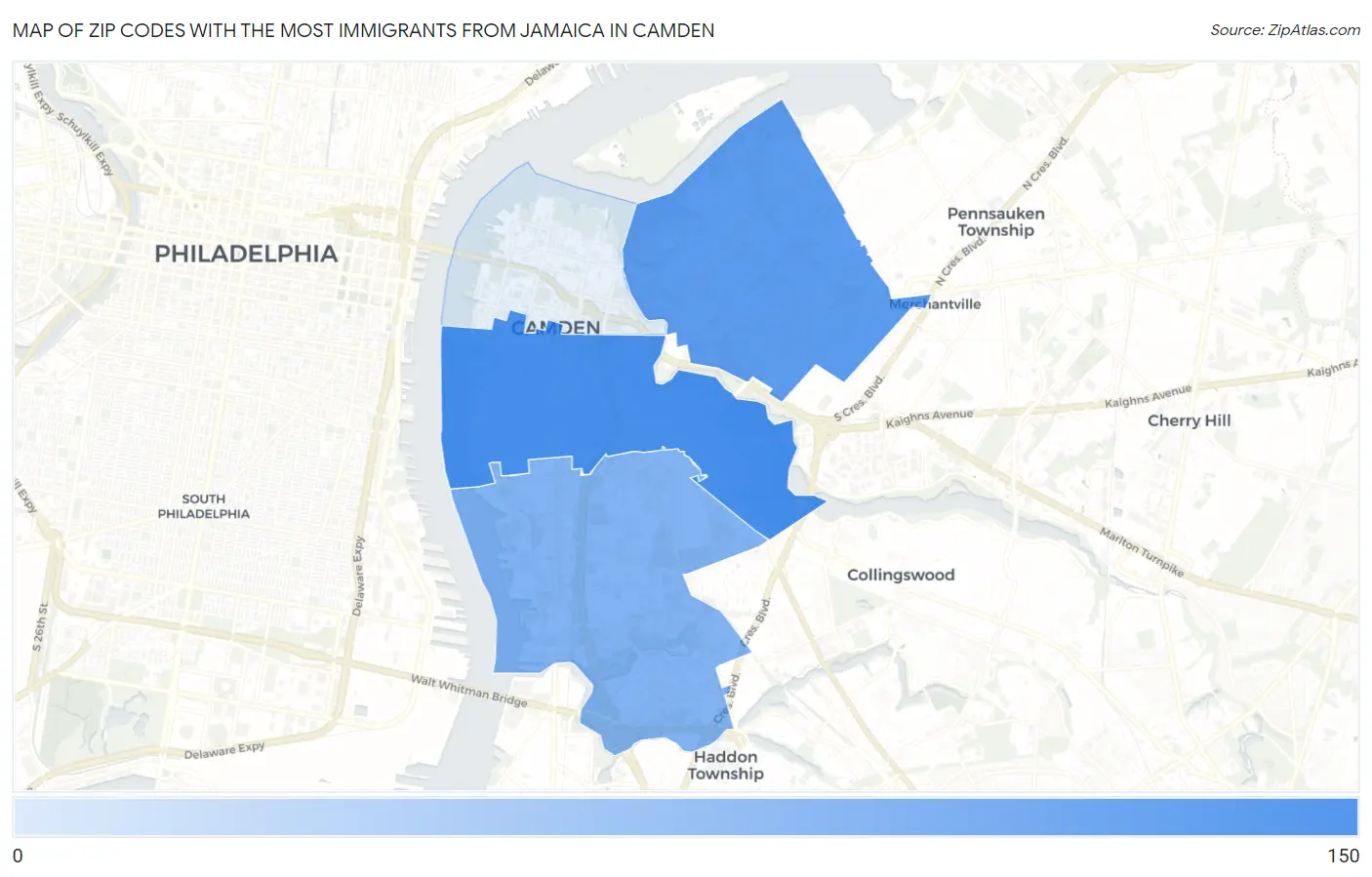 Zip Codes with the Most Immigrants from Jamaica in Camden Map
