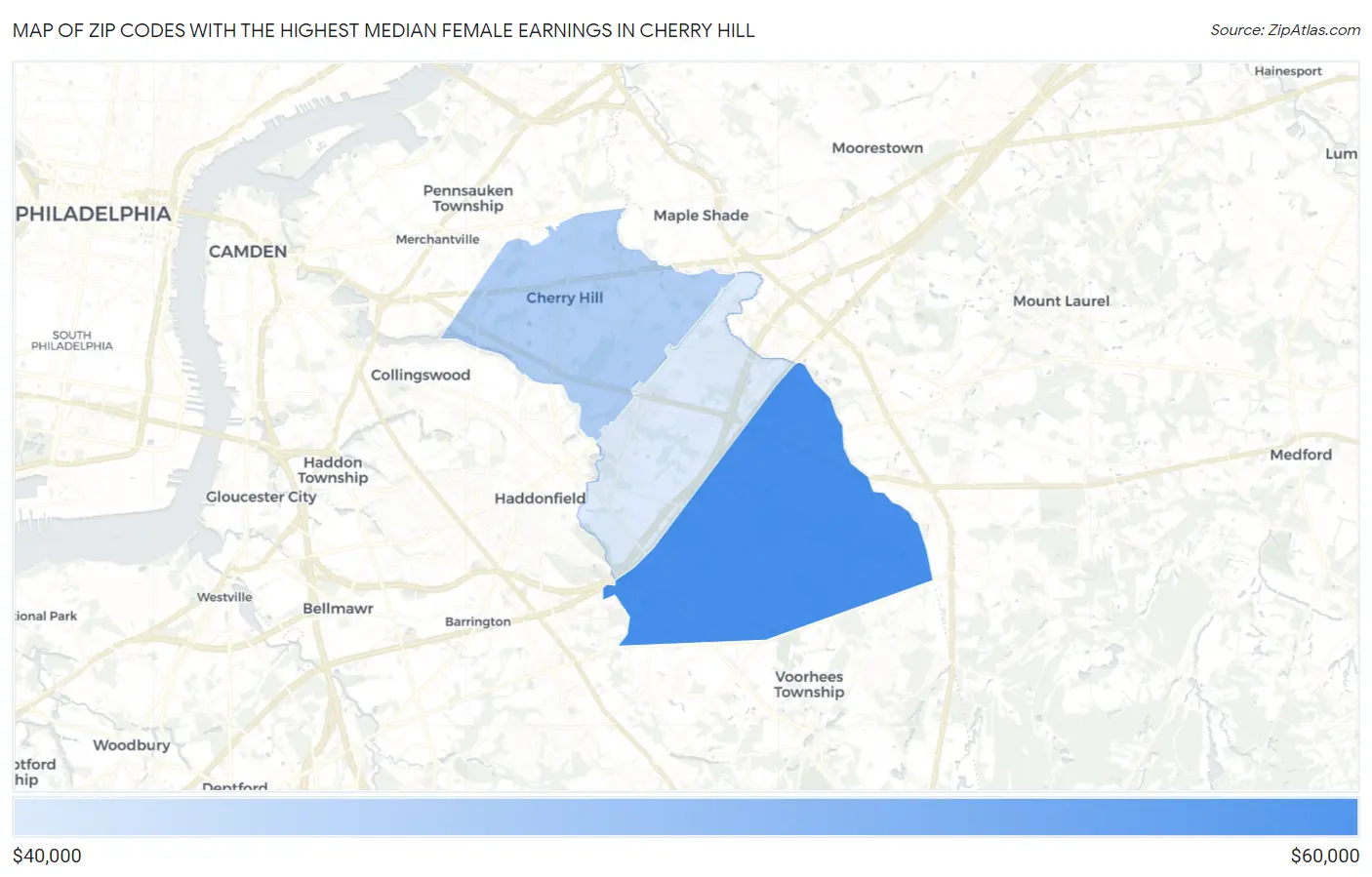 Zip Codes with the Highest Median Female Earnings in Cherry Hill Map