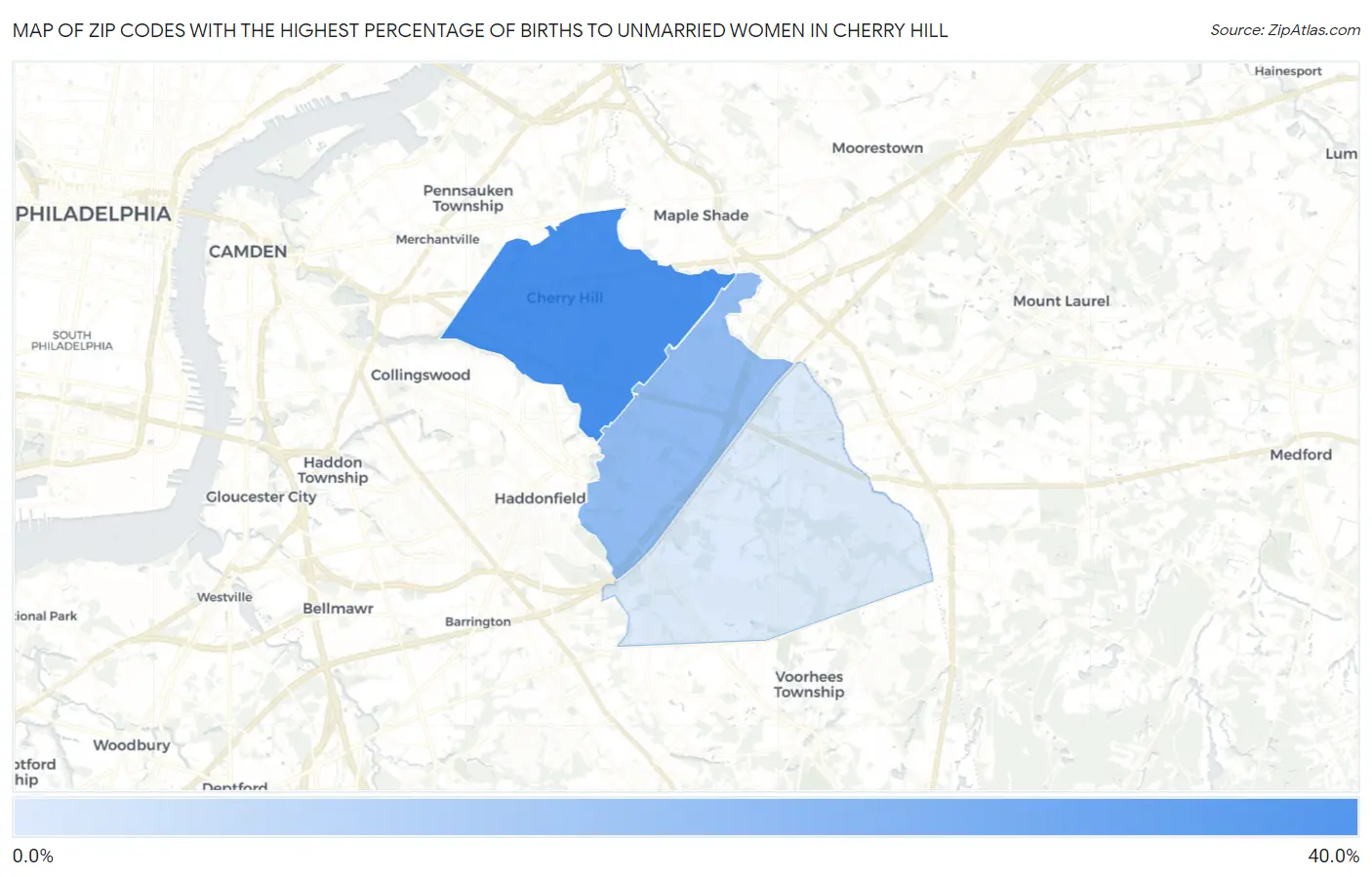 Zip Codes with the Highest Percentage of Births to Unmarried Women in Cherry Hill Map
