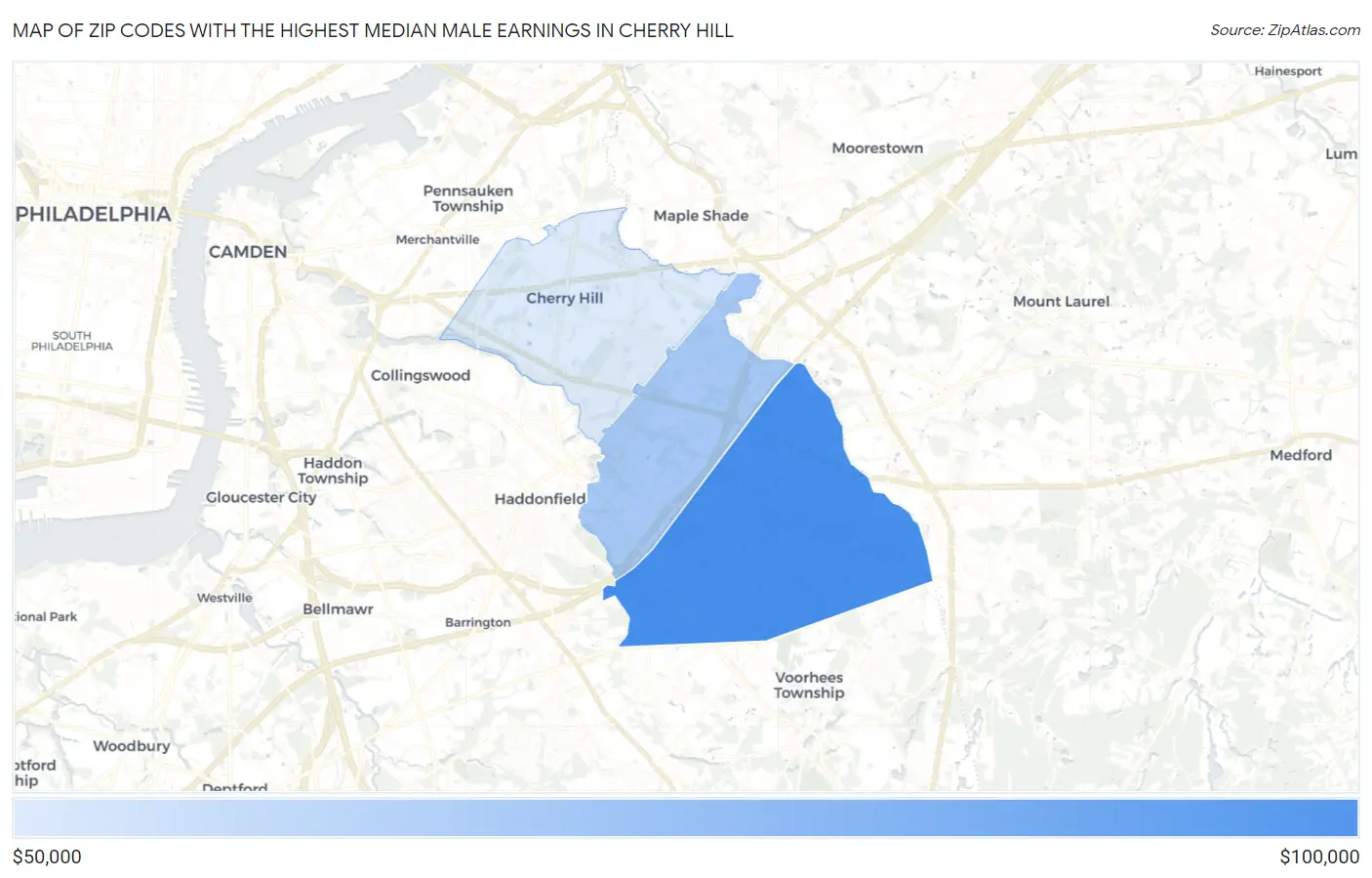 Zip Codes with the Highest Median Male Earnings in Cherry Hill Map