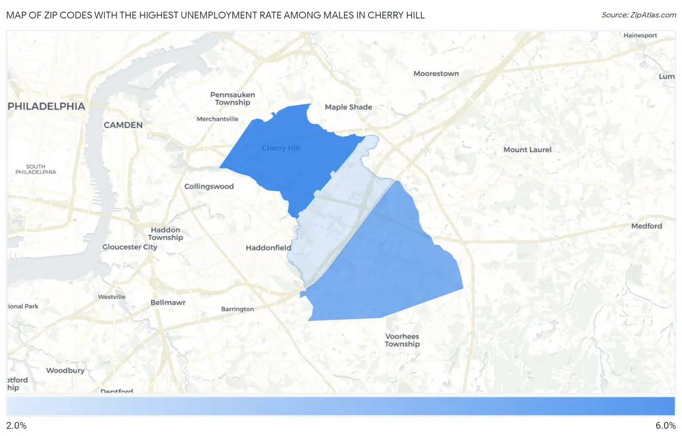 Zip Codes with the Highest Unemployment Rate Among Males in Cherry Hill Map
