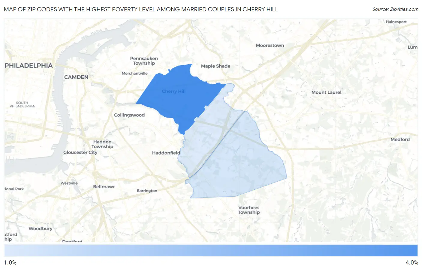 Zip Codes with the Highest Poverty Level Among Married Couples in Cherry Hill Map