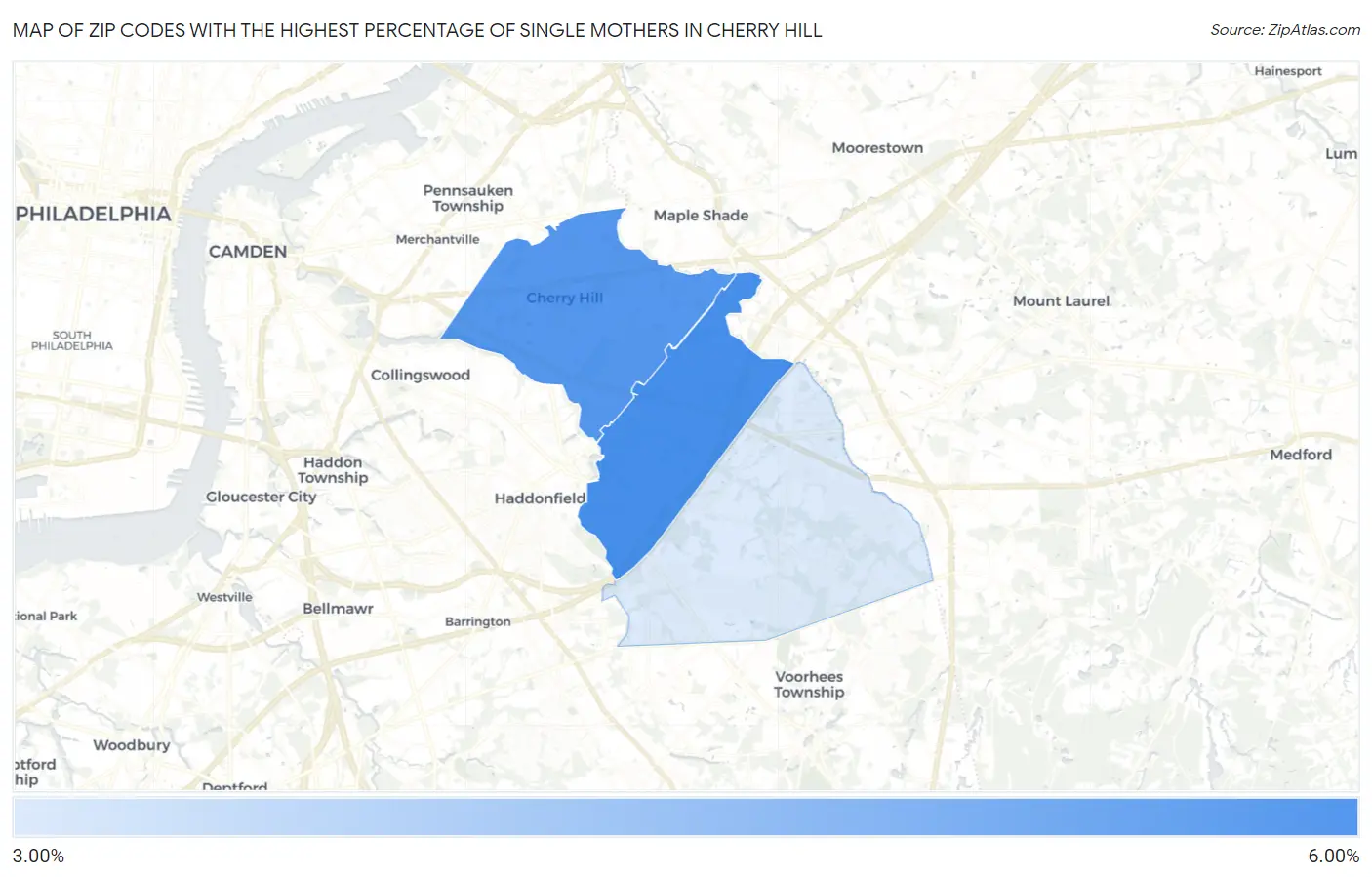 Zip Codes with the Highest Percentage of Single Mothers in Cherry Hill Map