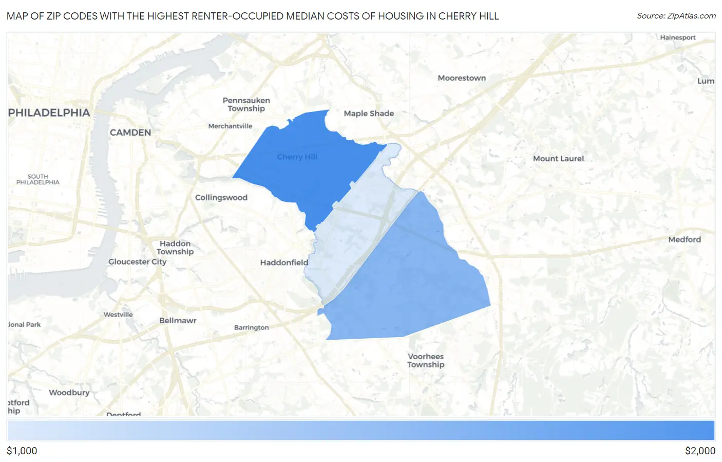 Zip Codes with the Highest Renter-Occupied Median Costs of Housing in Cherry Hill Map