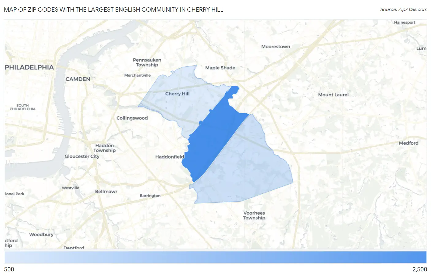 Zip Codes with the Largest English Community in Cherry Hill Map