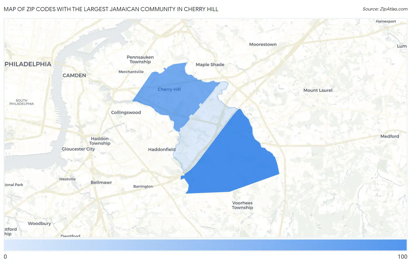 Zip Codes with the Largest Jamaican Community in Cherry Hill Map