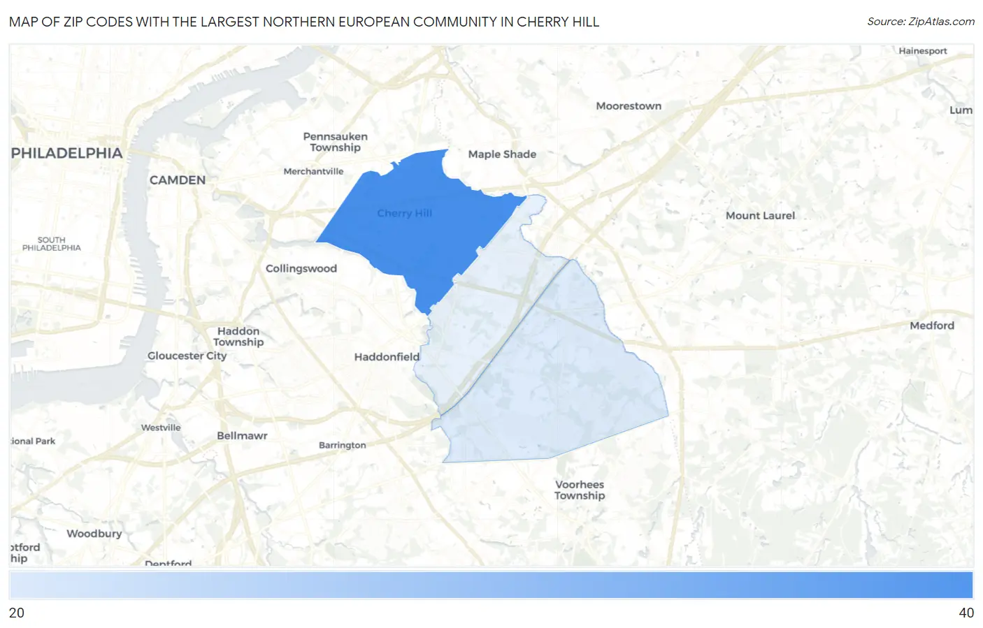 Zip Codes with the Largest Northern European Community in Cherry Hill Map