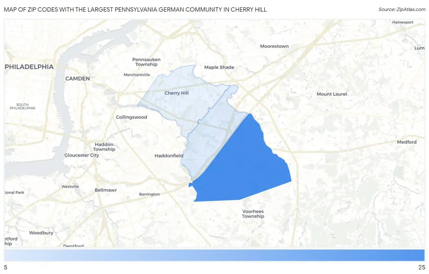 Zip Codes with the Largest Pennsylvania German Community in Cherry Hill Map