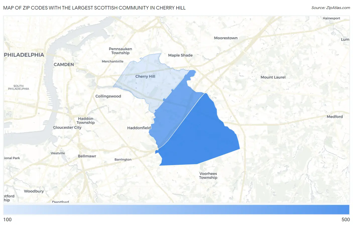 Zip Codes with the Largest Scottish Community in Cherry Hill Map