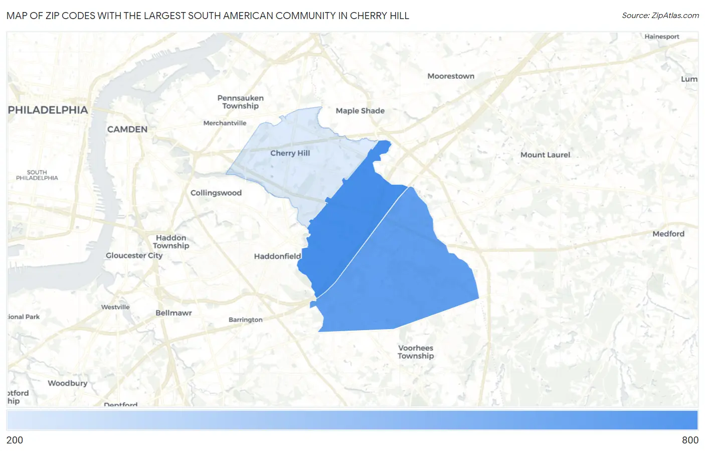 Zip Codes with the Largest South American Community in Cherry Hill Map