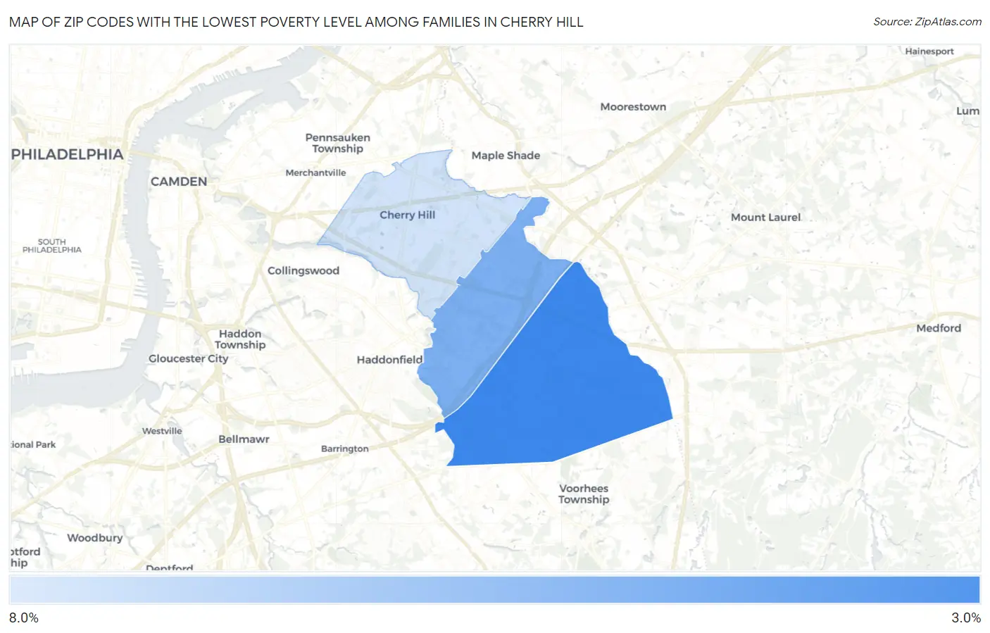 Zip Codes with the Lowest Poverty Level Among Families in Cherry Hill Map
