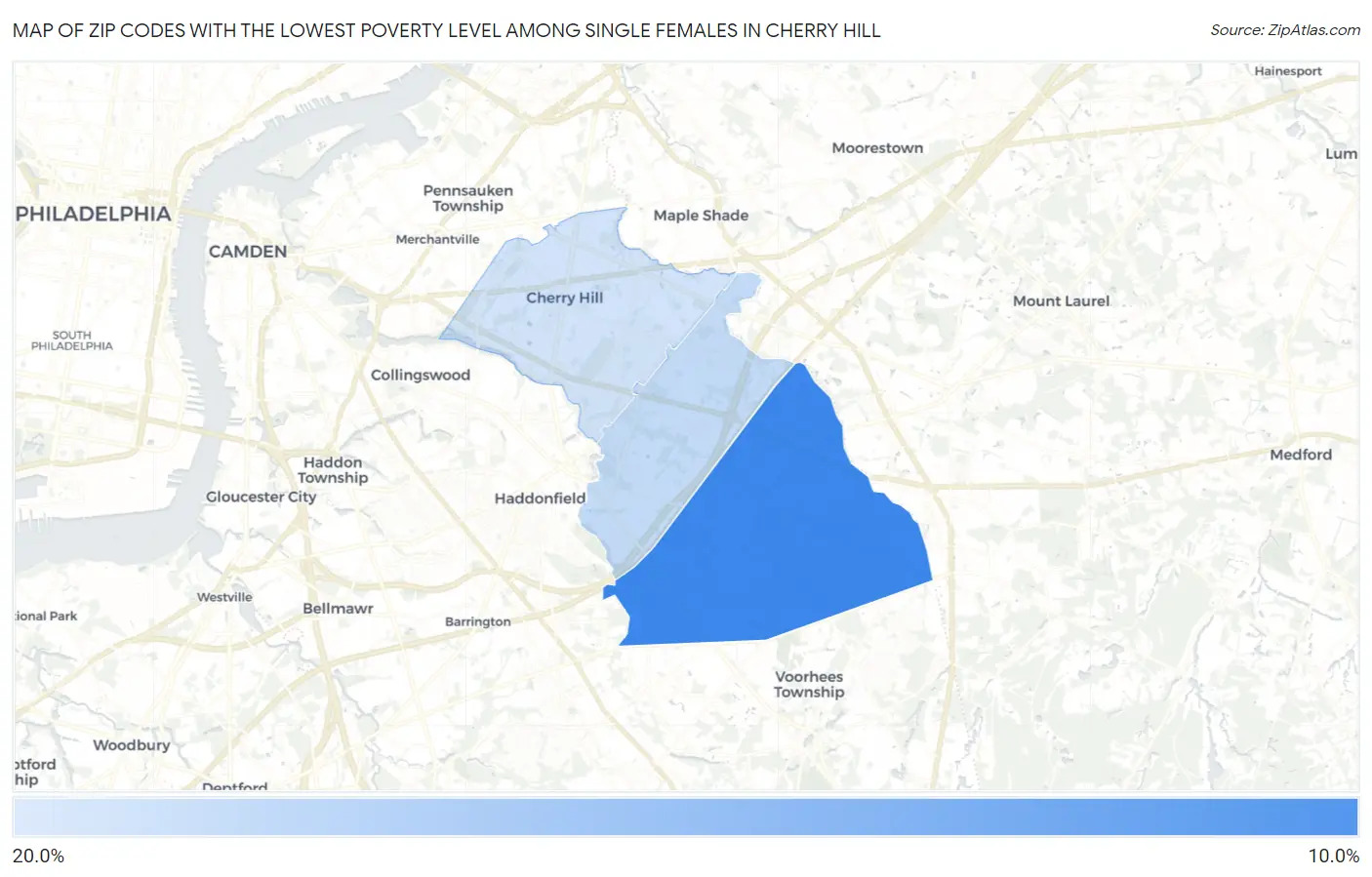 Zip Codes with the Lowest Poverty Level Among Single Females in Cherry Hill Map