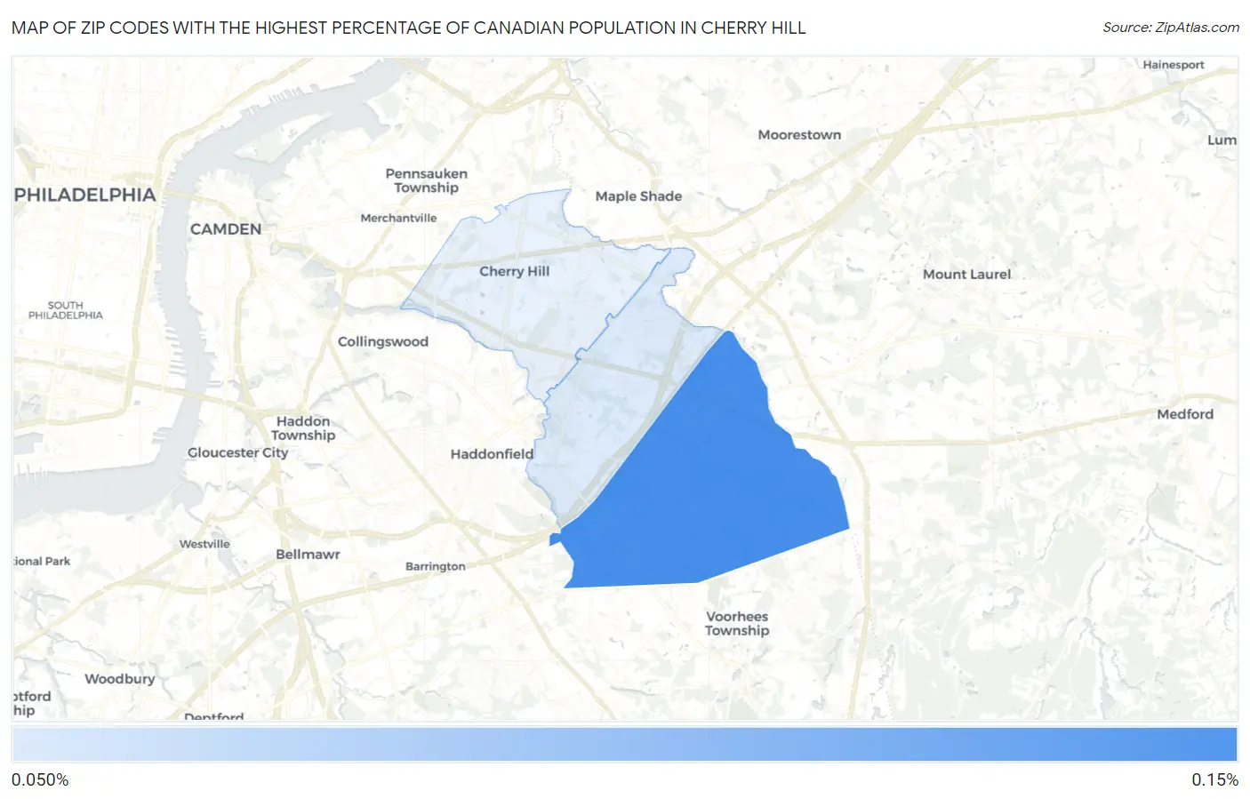 Zip Codes with the Highest Percentage of Canadian Population in Cherry Hill Map