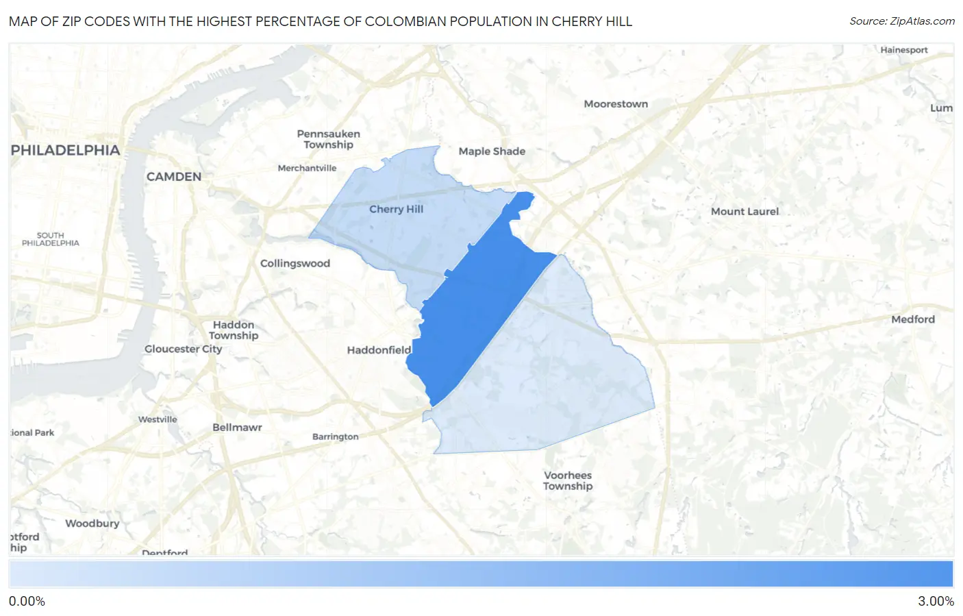 Zip Codes with the Highest Percentage of Colombian Population in Cherry Hill Map