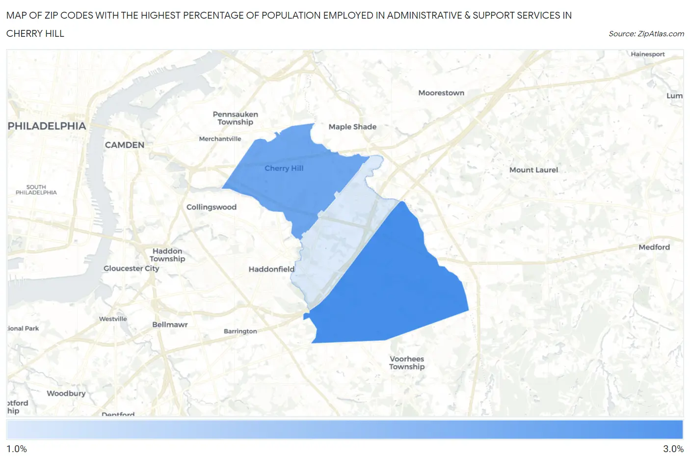 Zip Codes with the Highest Percentage of Population Employed in Administrative & Support Services in Cherry Hill Map