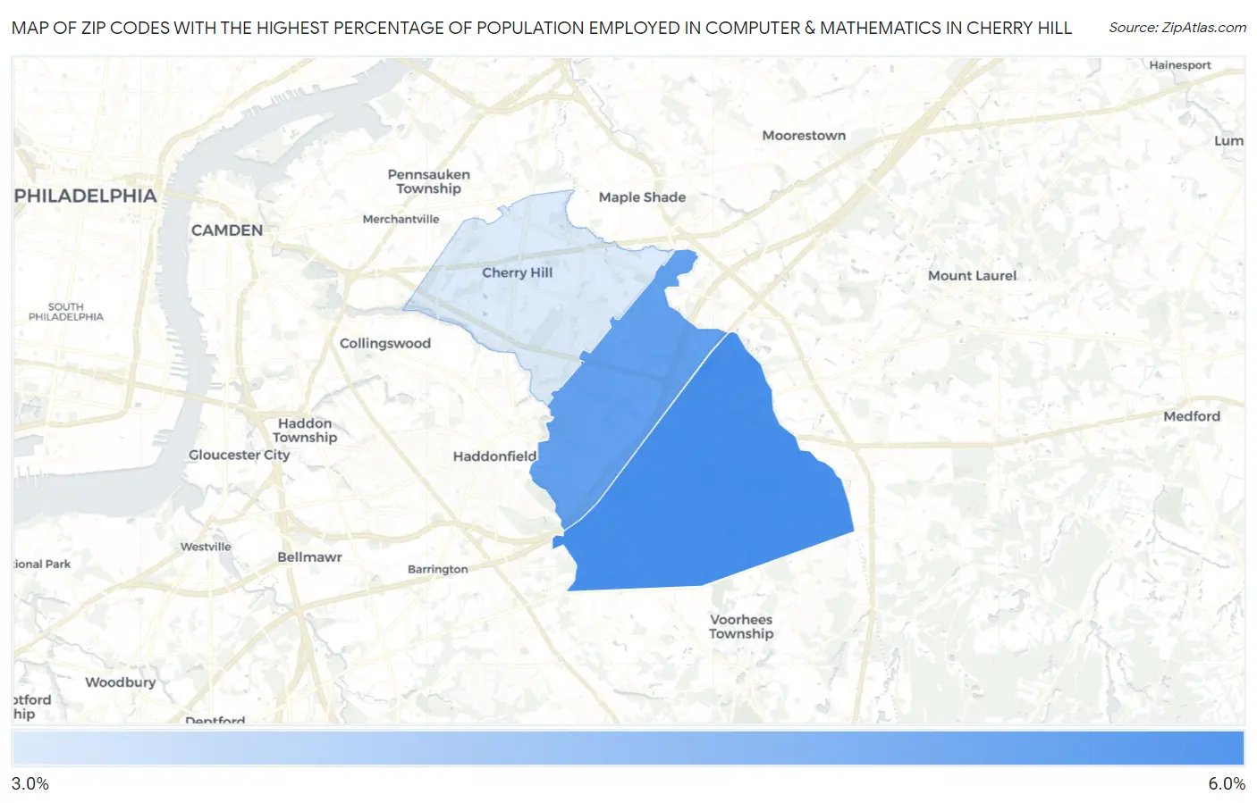 Zip Codes with the Highest Percentage of Population Employed in Computer & Mathematics in Cherry Hill Map