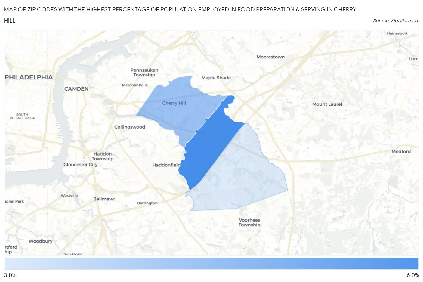 Zip Codes with the Highest Percentage of Population Employed in Food Preparation & Serving in Cherry Hill Map