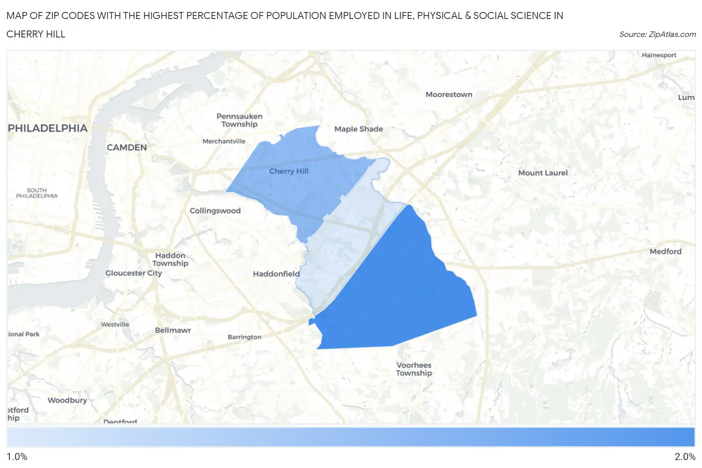 Zip Codes with the Highest Percentage of Population Employed in Life, Physical & Social Science in Cherry Hill Map