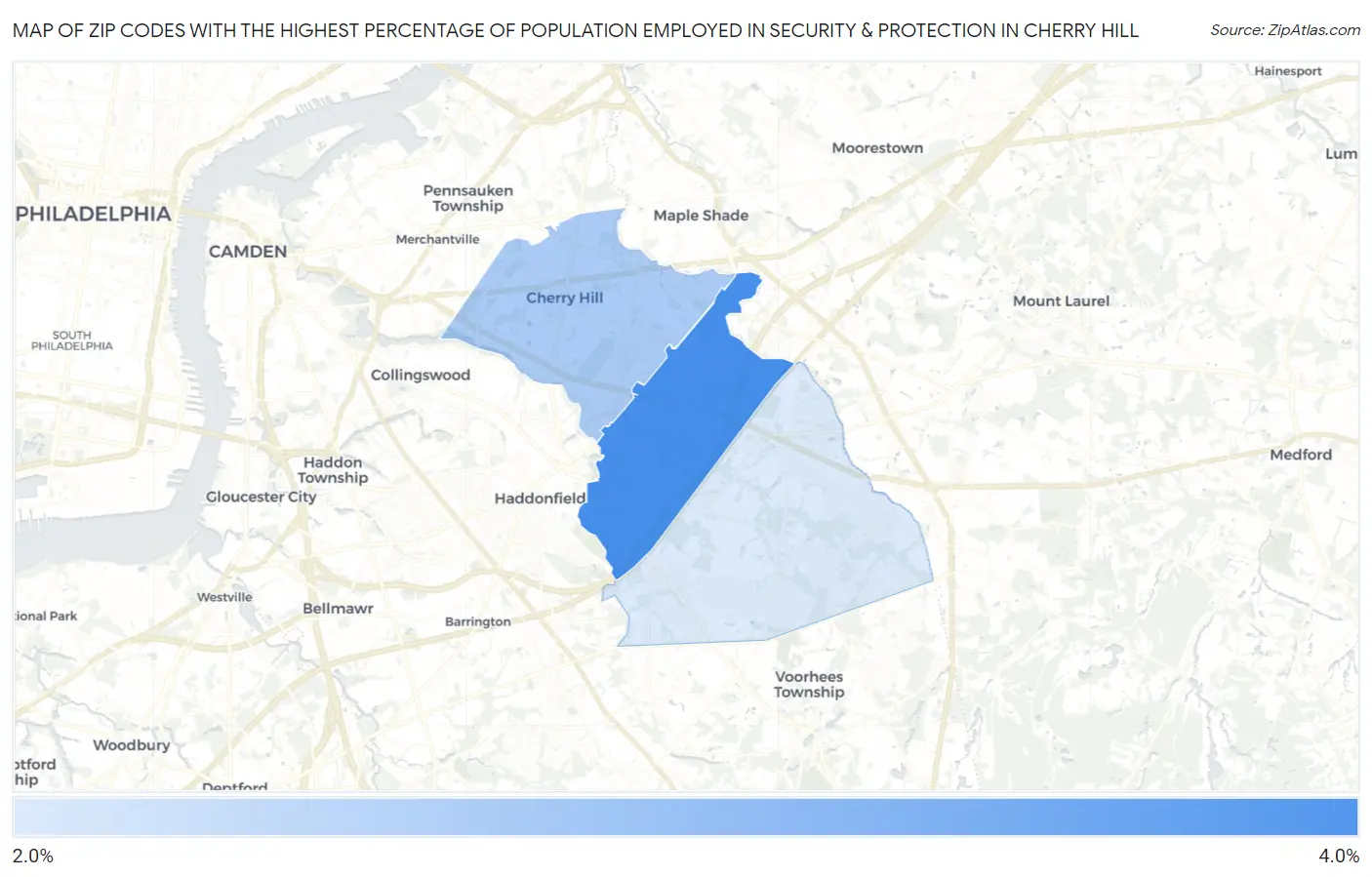 Zip Codes with the Highest Percentage of Population Employed in Security & Protection in Cherry Hill Map