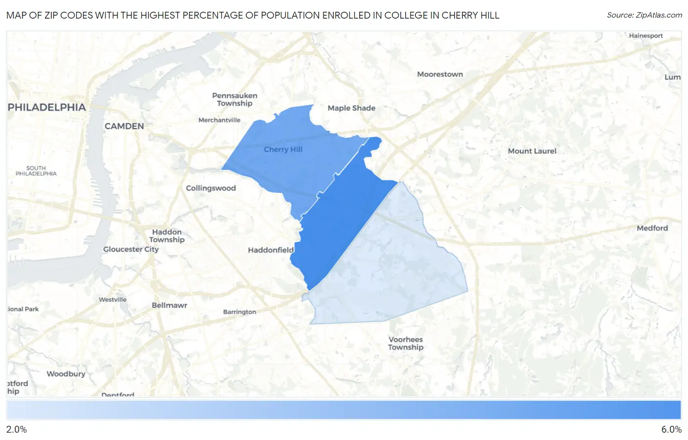 Zip Codes with the Highest Percentage of Population Enrolled in College in Cherry Hill Map
