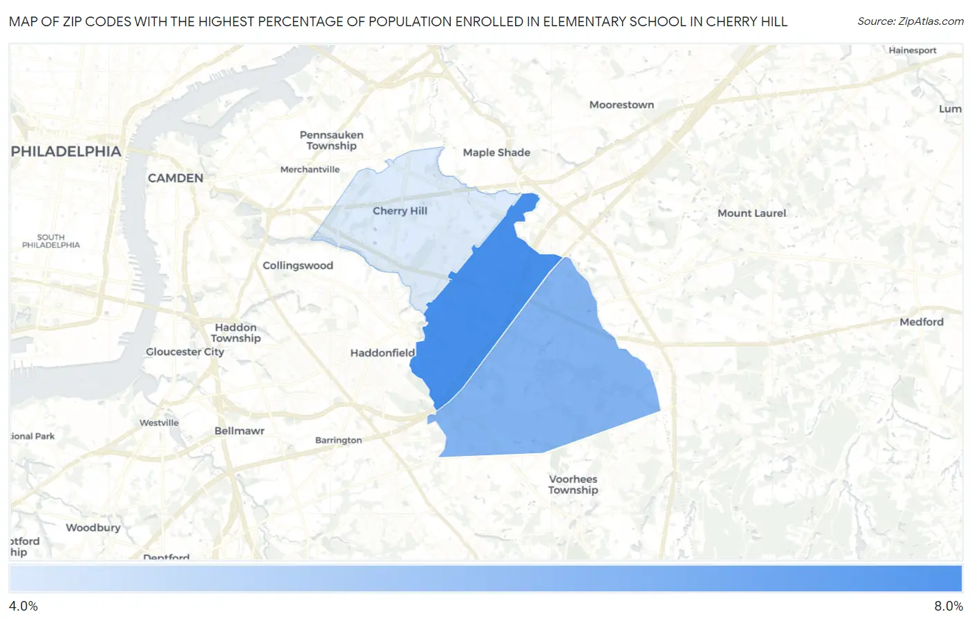 Zip Codes with the Highest Percentage of Population Enrolled in Elementary School in Cherry Hill Map