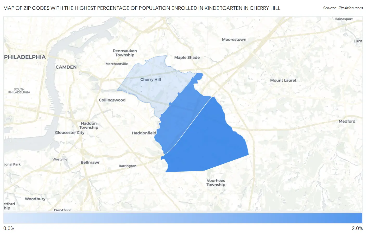 Zip Codes with the Highest Percentage of Population Enrolled in Kindergarten in Cherry Hill Map