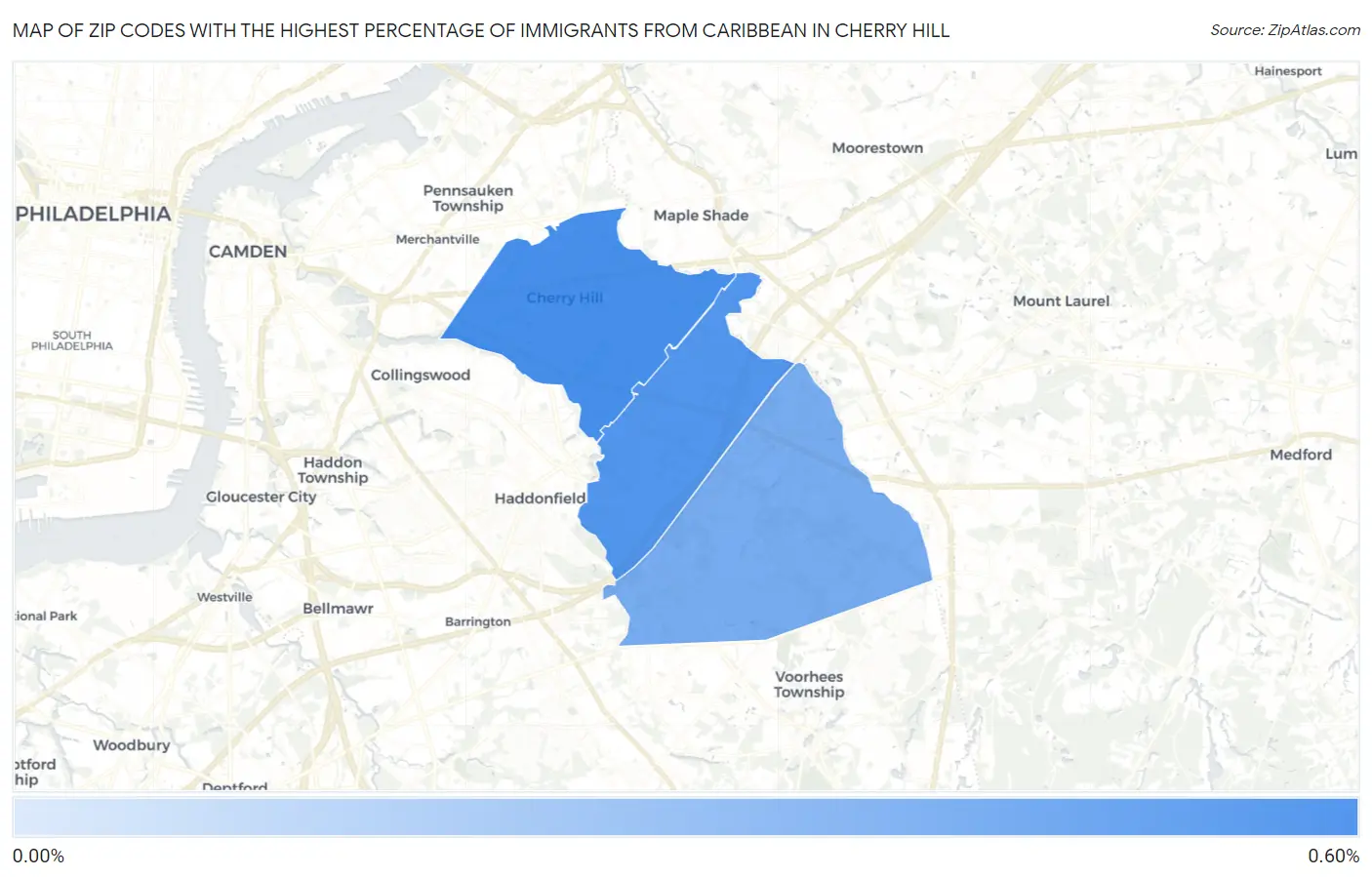 Zip Codes with the Highest Percentage of Immigrants from Caribbean in Cherry Hill Map
