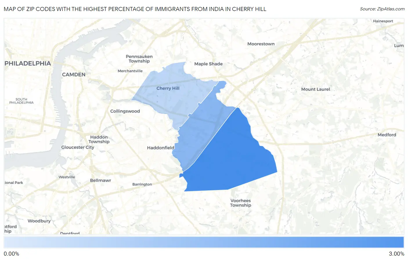 Zip Codes with the Highest Percentage of Immigrants from India in Cherry Hill Map