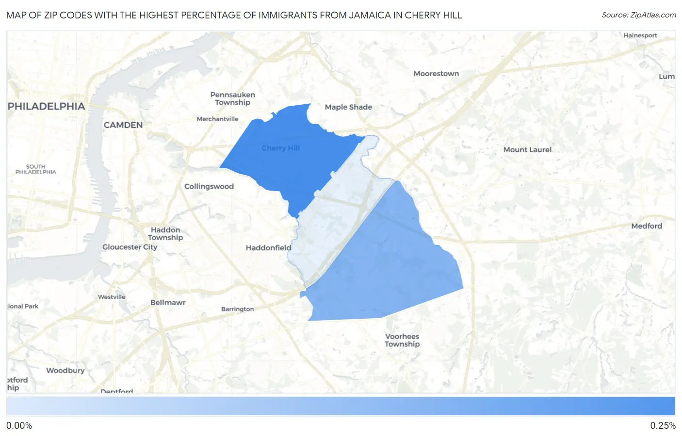Zip Codes with the Highest Percentage of Immigrants from Jamaica in Cherry Hill Map