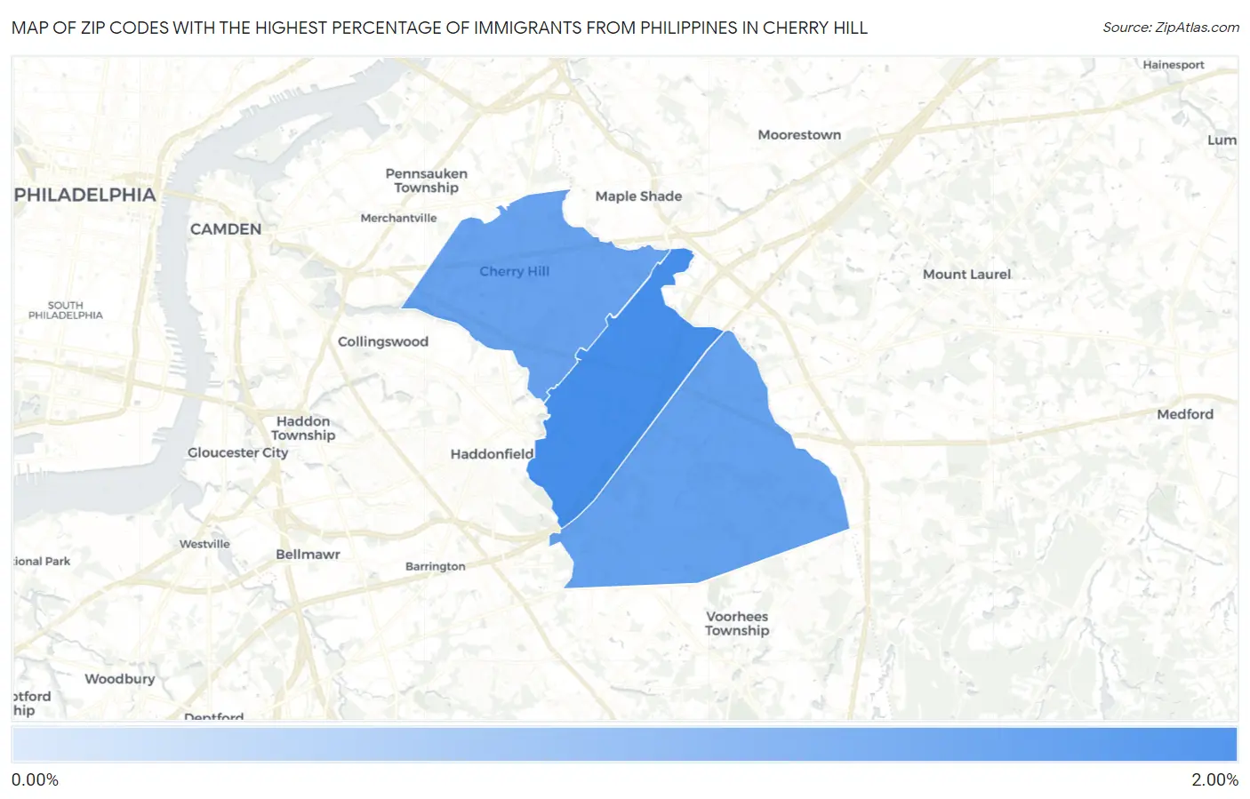 Zip Codes with the Highest Percentage of Immigrants from Philippines in Cherry Hill Map