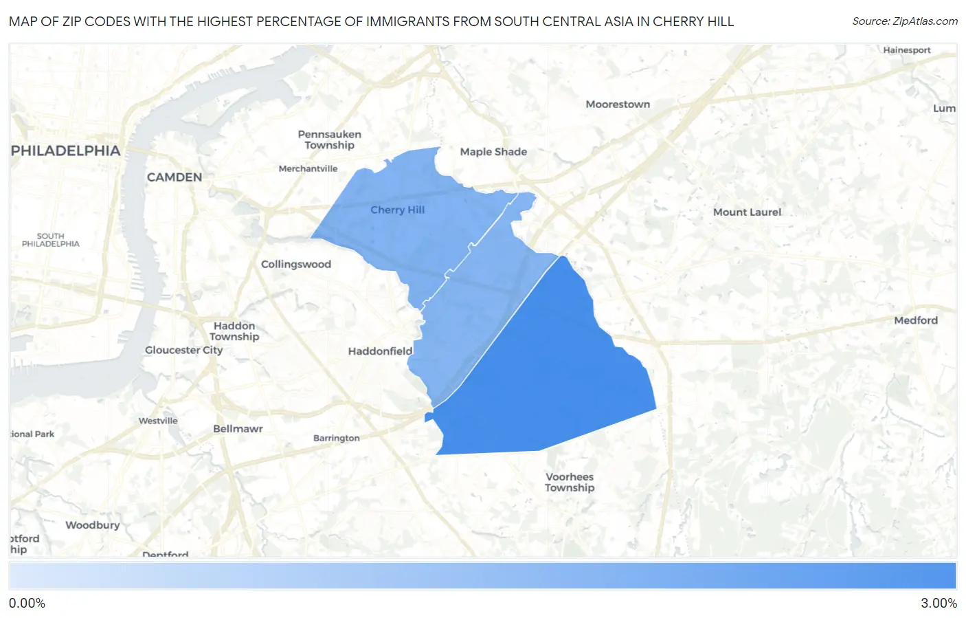 Zip Codes with the Highest Percentage of Immigrants from South Central Asia in Cherry Hill Map