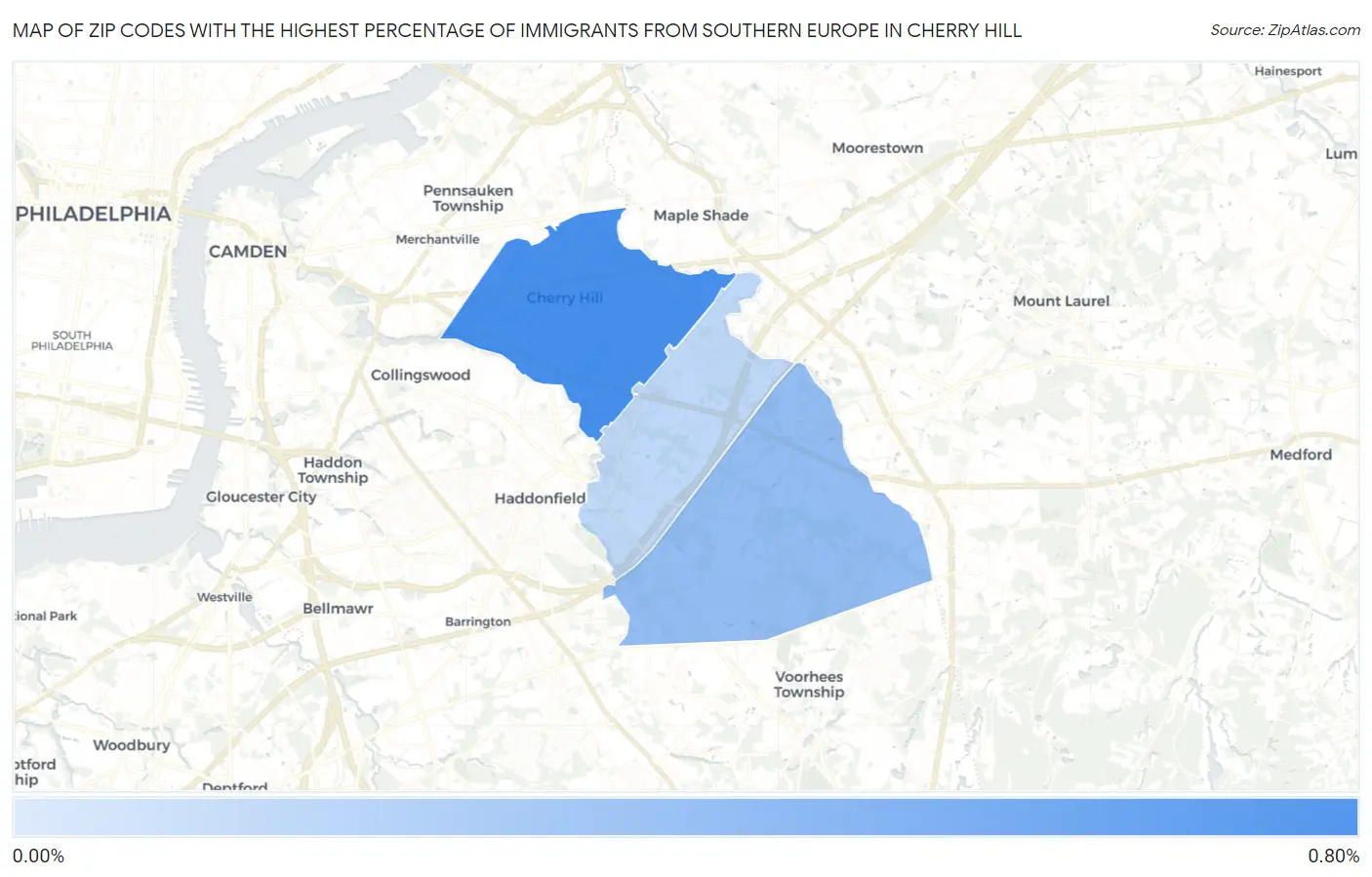 Zip Codes with the Highest Percentage of Immigrants from Southern Europe in Cherry Hill Map