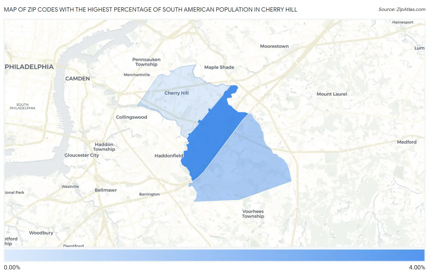 Zip Codes with the Highest Percentage of South American Population in Cherry Hill Map