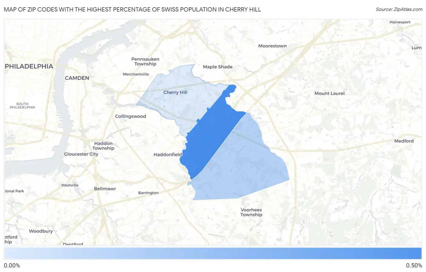 Zip Codes with the Highest Percentage of Swiss Population in Cherry Hill Map