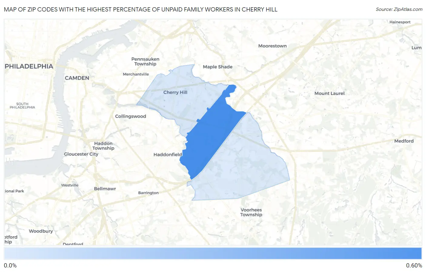 Zip Codes with the Highest Percentage of Unpaid Family Workers in Cherry Hill Map
