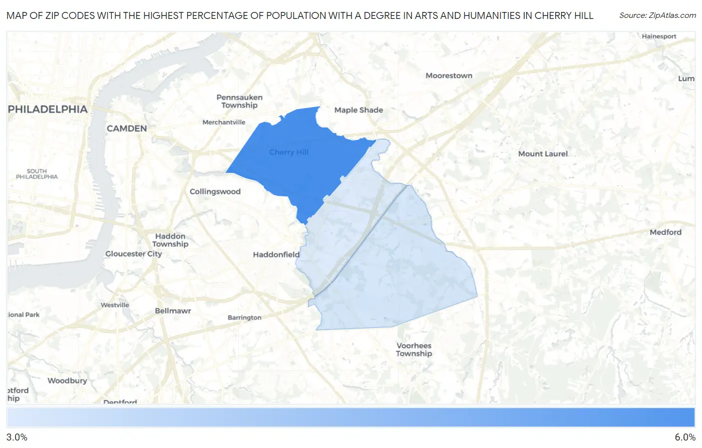 Zip Codes with the Highest Percentage of Population with a Degree in Arts and Humanities in Cherry Hill Map