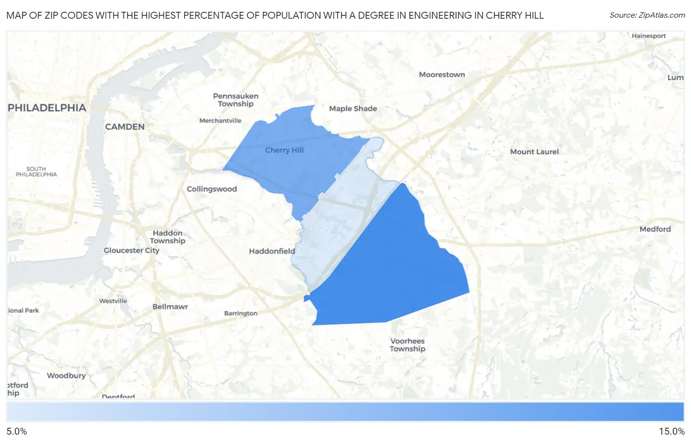 Zip Codes with the Highest Percentage of Population with a Degree in Engineering in Cherry Hill Map