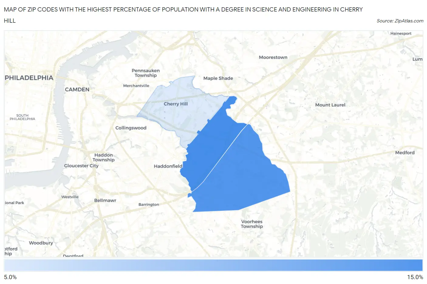 Zip Codes with the Highest Percentage of Population with a Degree in Science and Engineering in Cherry Hill Map