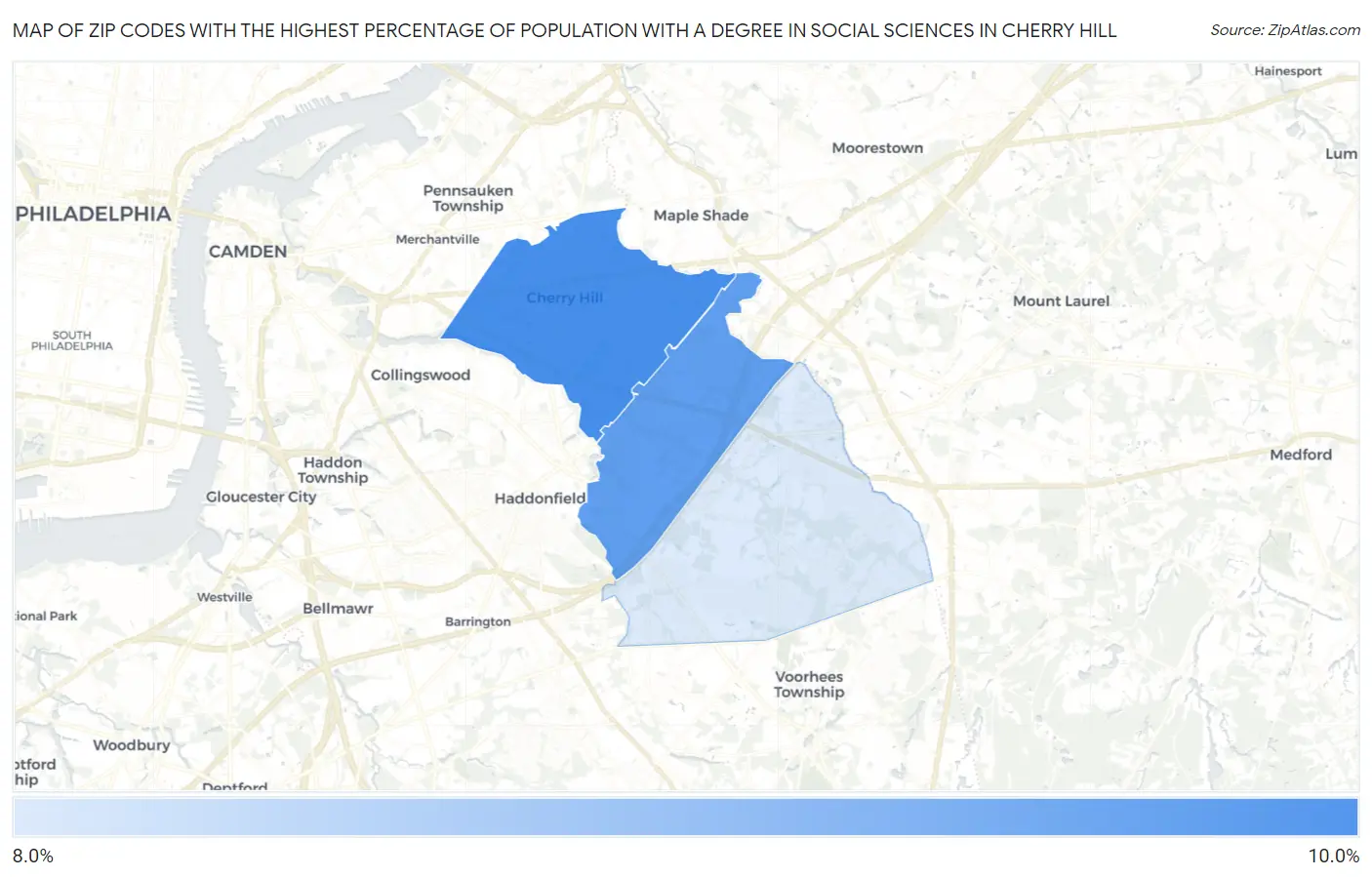 Zip Codes with the Highest Percentage of Population with a Degree in Social Sciences in Cherry Hill Map