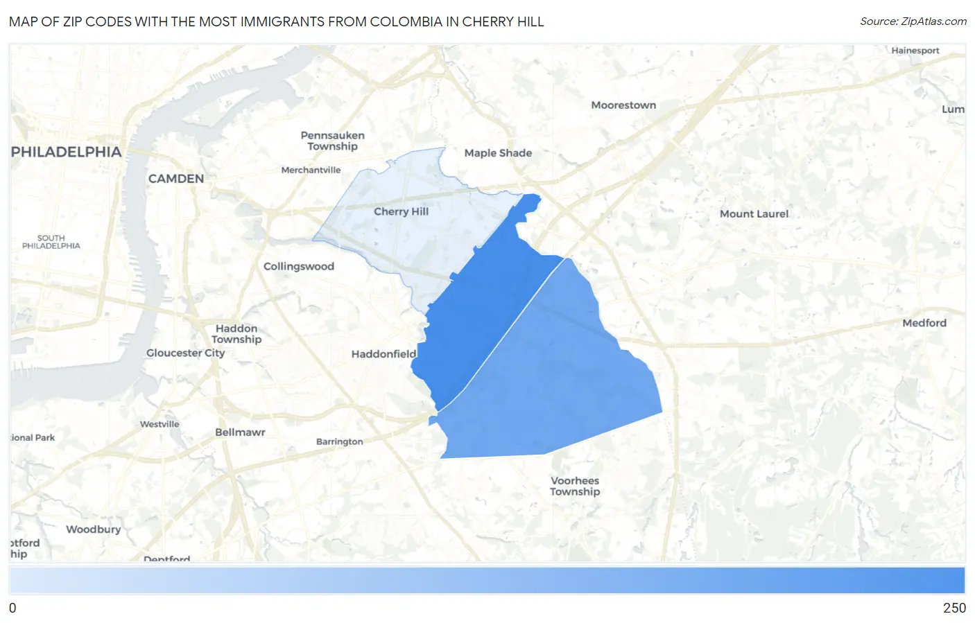Zip Codes with the Most Immigrants from Colombia in Cherry Hill Map