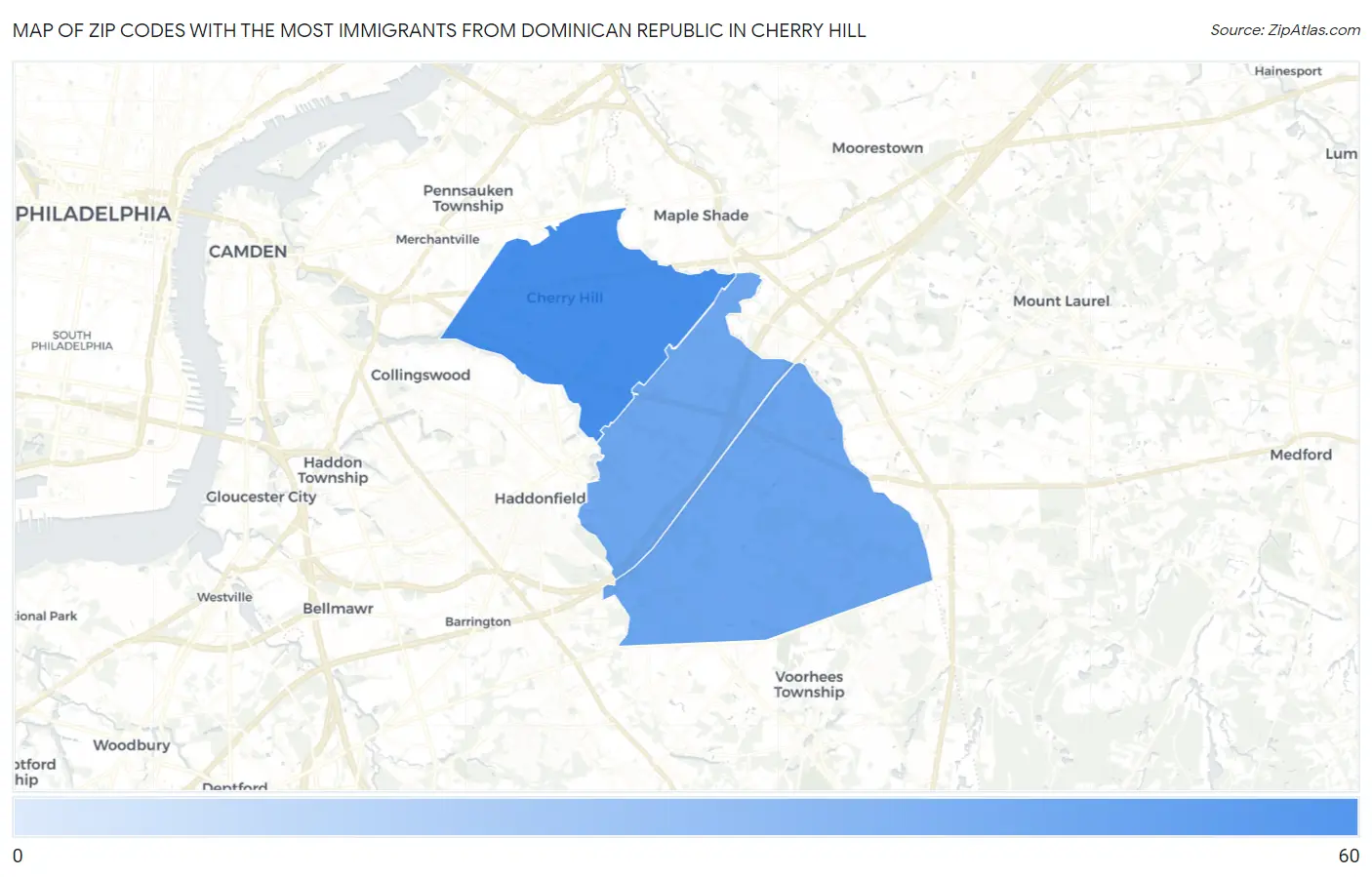 Zip Codes with the Most Immigrants from Dominican Republic in Cherry Hill Map