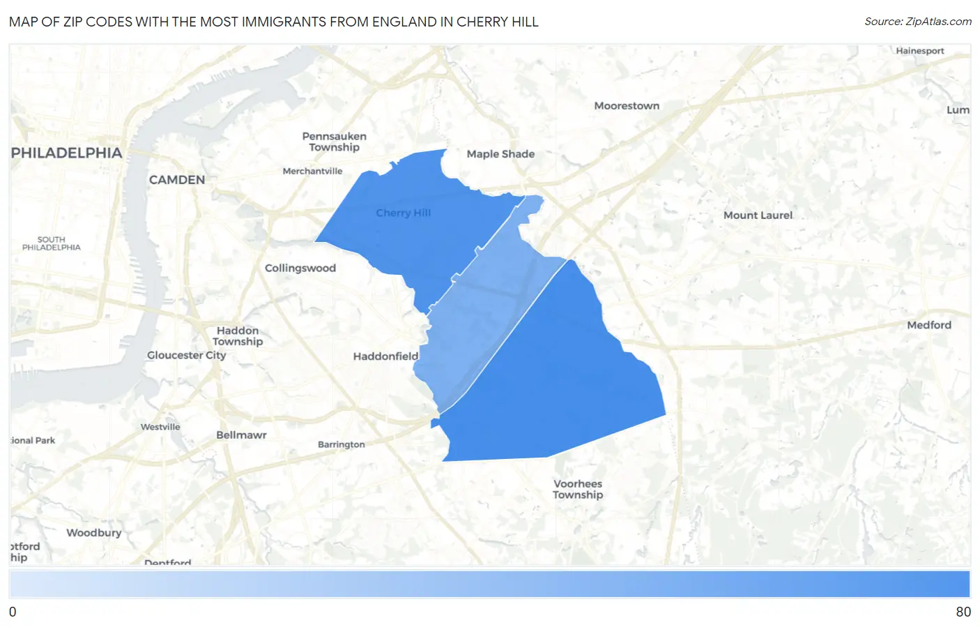 Zip Codes with the Most Immigrants from England in Cherry Hill Map