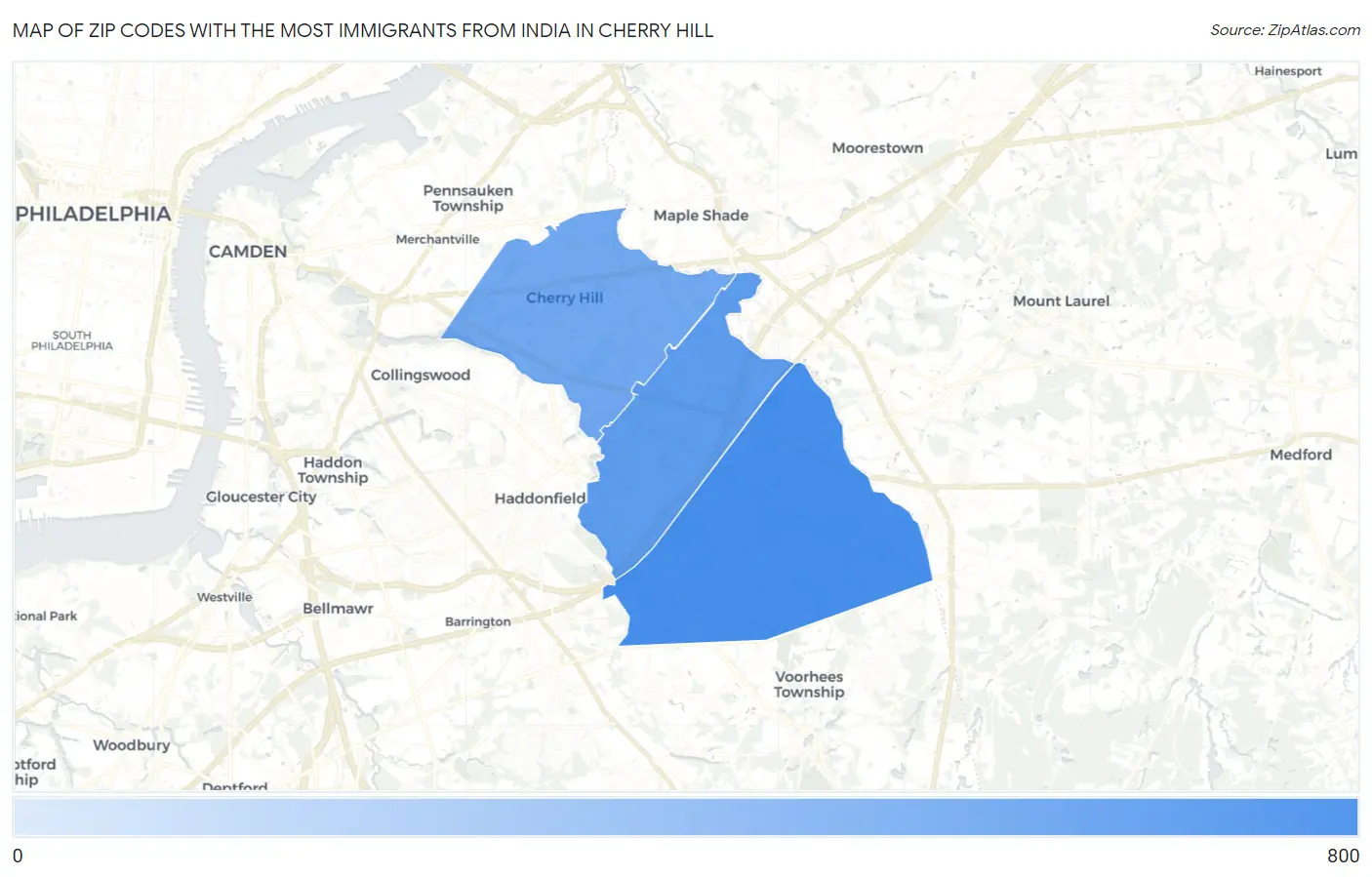 Zip Codes with the Most Immigrants from India in Cherry Hill Map