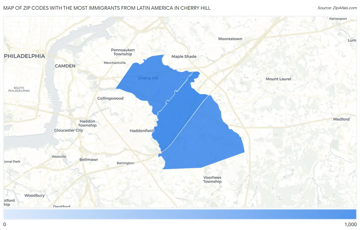 Zip Codes with the Most Immigrants from Latin America in Cherry Hill Map